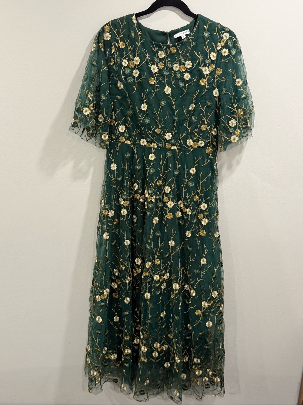 Baltic Born Emerald Green Midi Dress with Gold & Cream Floral Embroidery